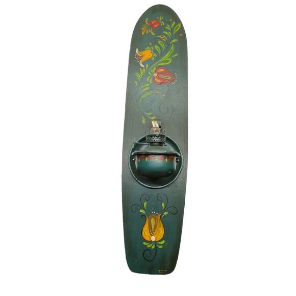 Tole Painted Oil Lamp Sconce Wooden Back Metal Oil Well Retro Handpainted Signed